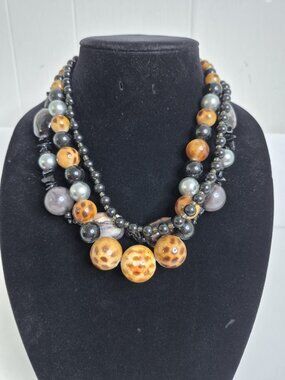 Vtg YOU & I Brand Acrylic Beaded 3 Strand Necklace Brown